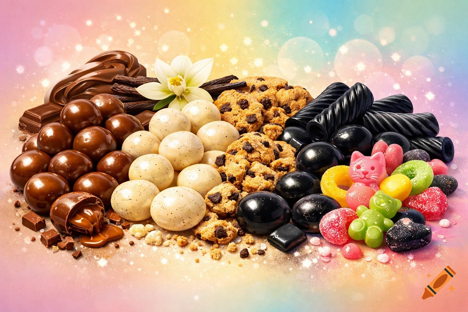An assortment of chocolates, vanilla truffles, chocolate chip cookies, licorice, and colorful gummy candies on a sparkling rainbow background.