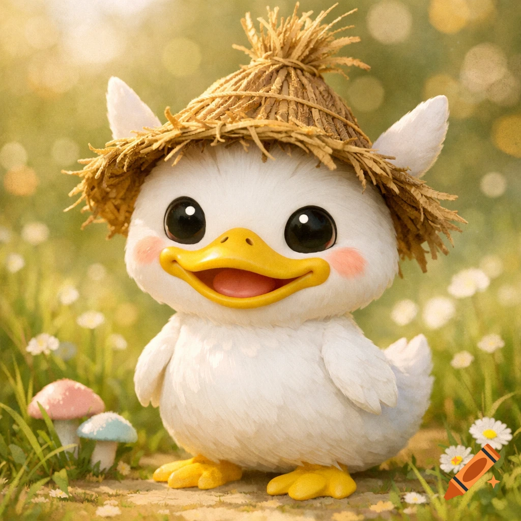 A cute, fluffy white duck character with rosy cheeks and a straw hat smiles in a sunlit field with tiny flowers and mushrooms.