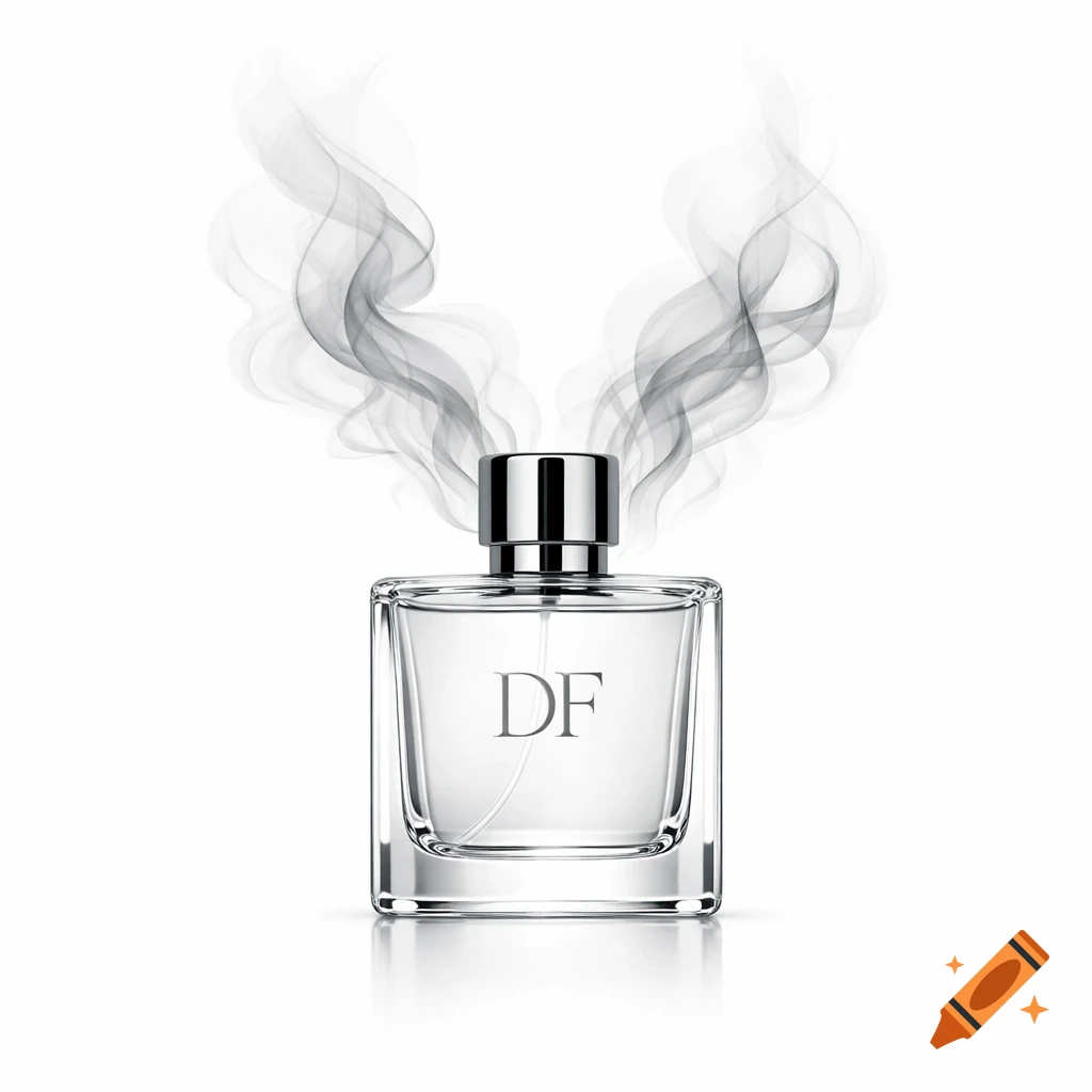 A clear glass perfume bottle with a silver cap has the letters DF on it, emitting wisps of grey smoke.