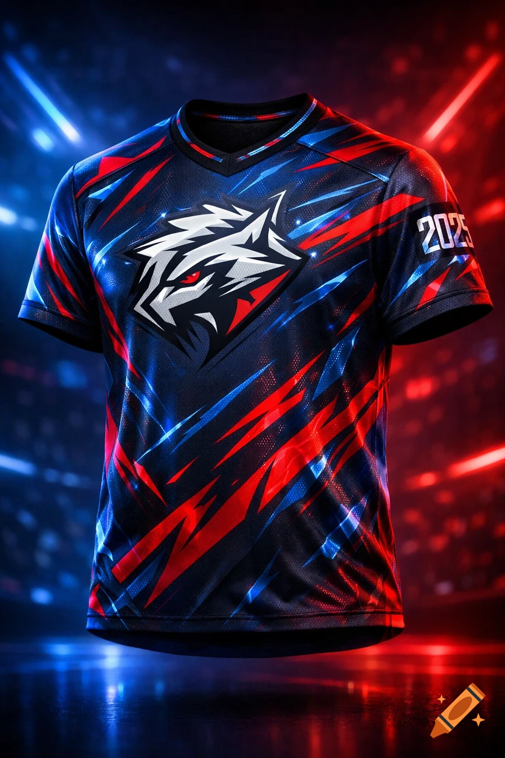 A dark blue esports jersey with red and blue angular patterns, a white wolf head logo, and '2025' on the sleeve, against a neon background.