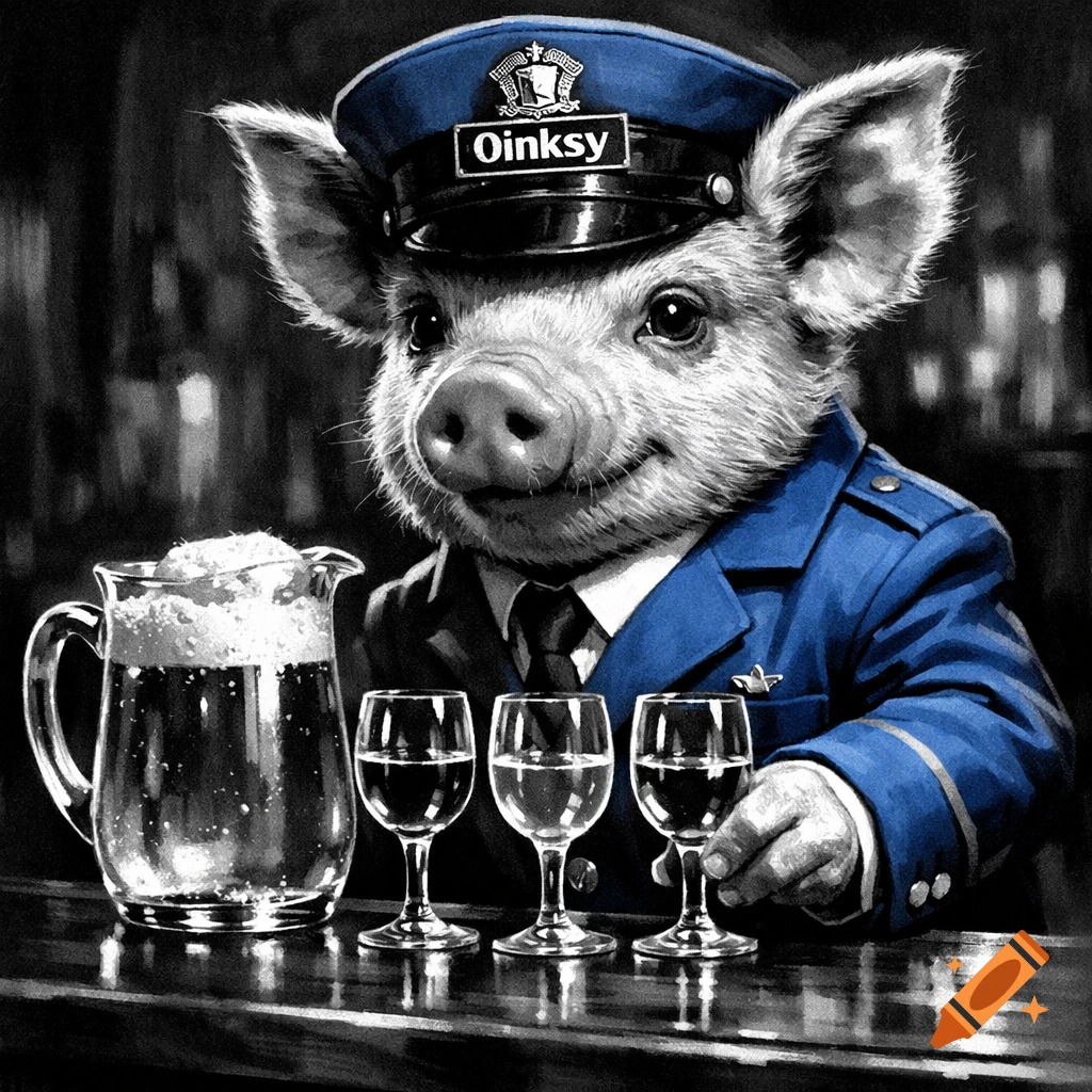 A male piglet in a blue uniform and cap with 'Oinksy' on it serves drinks behind a bar with a pitcher and wine glasses, in a black and white image with blue accents.