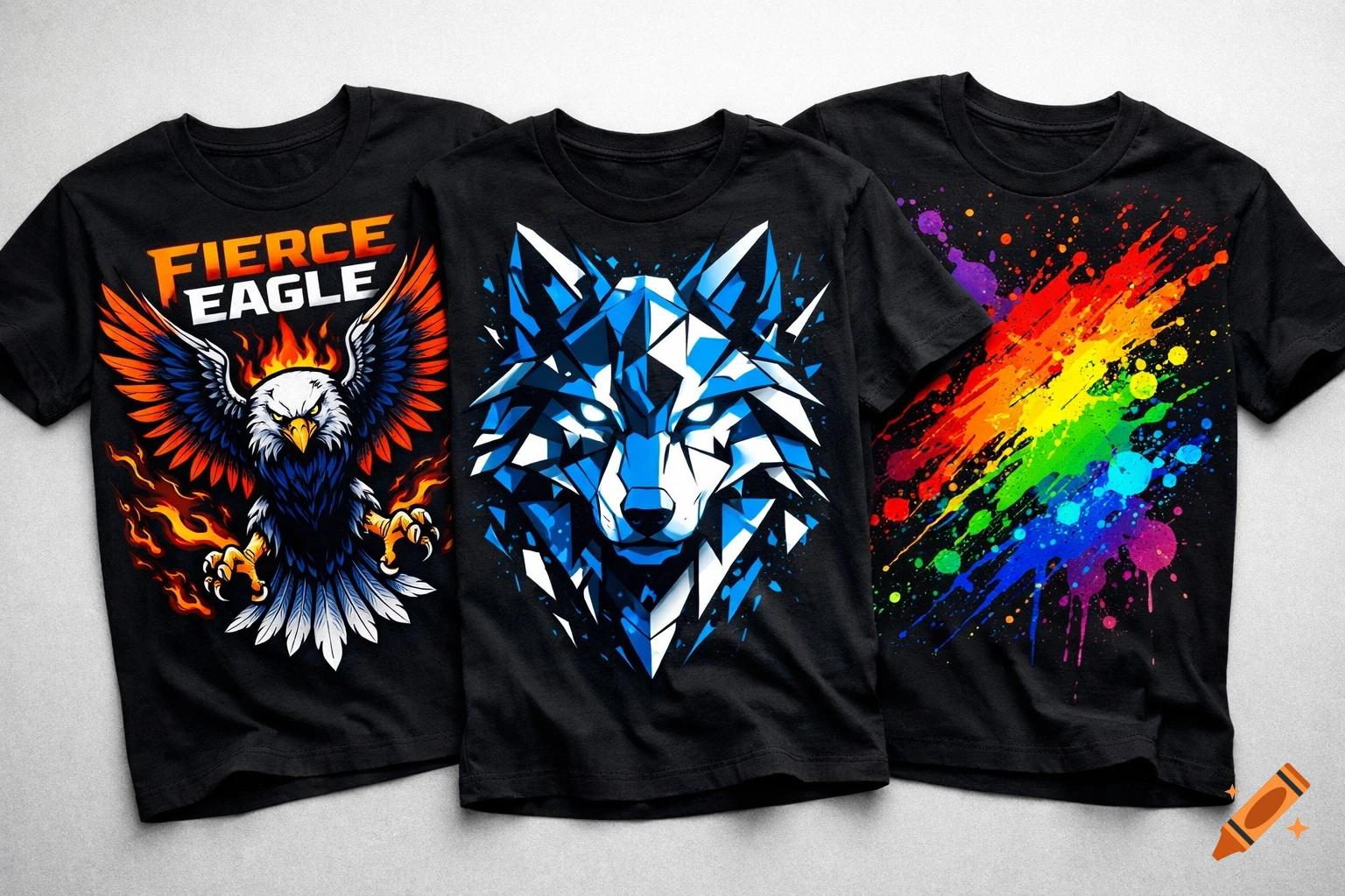 Three black t-shirts displayed; one with a fierce eagle in flames, one with a geometric blue wolf, and one with a rainbow paint splatter.