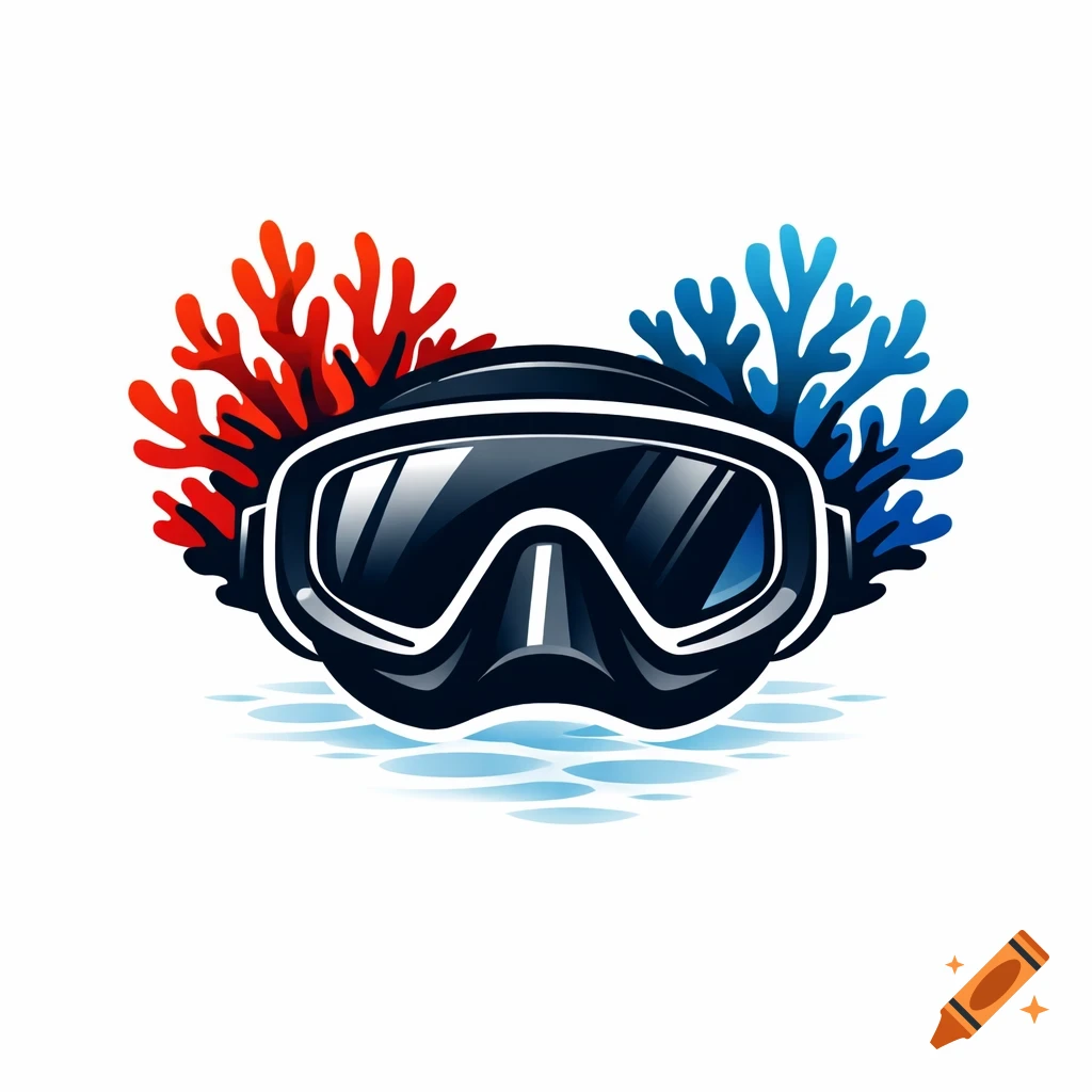 Stylized logo of a black diving mask with red and blue coral branches on either side, over light blue water ripples.