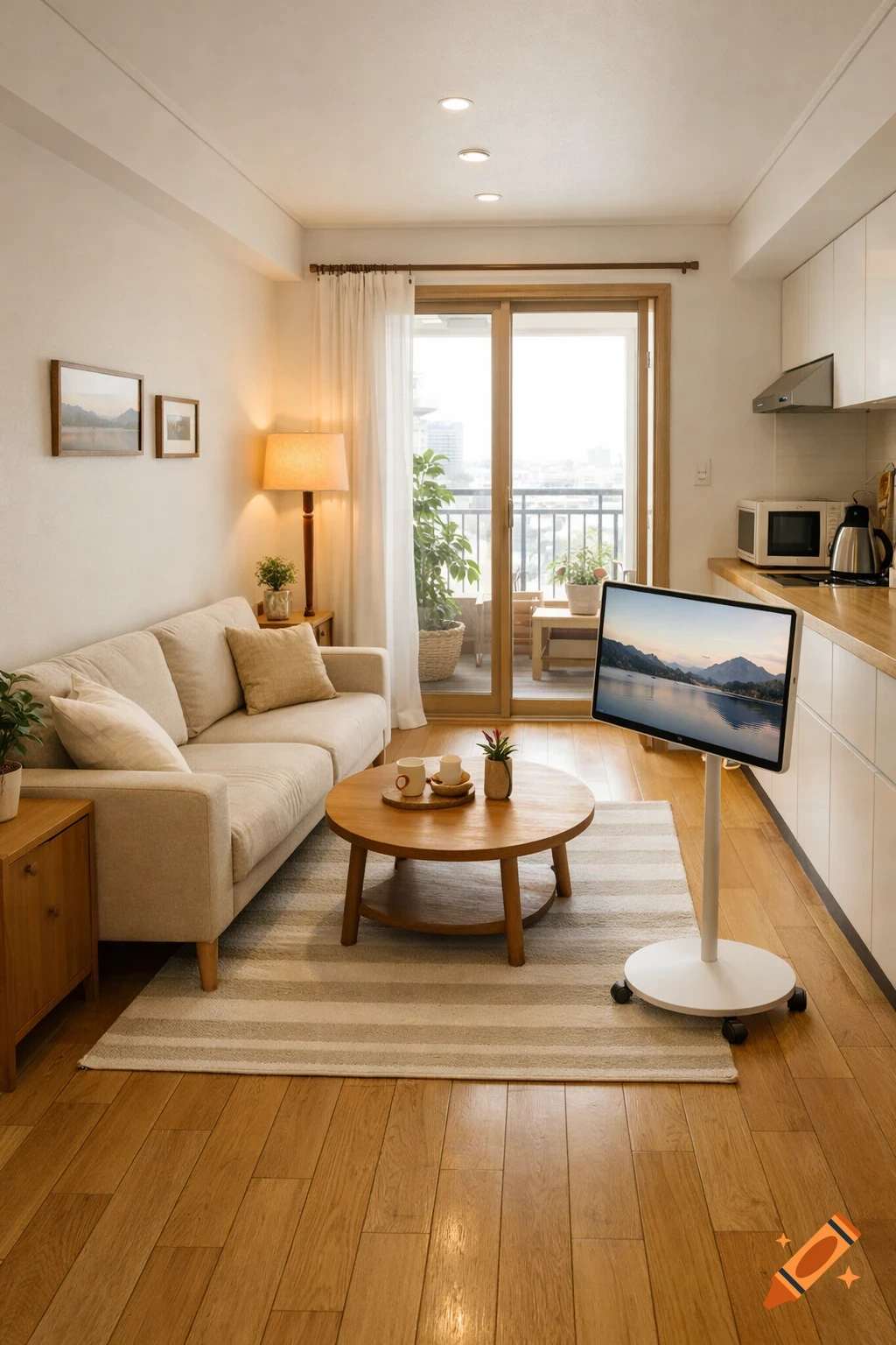 A bright, modern apartment living room with a beige sofa, wooden coffee table, striped rug, and a mobile TV displaying a landscape.