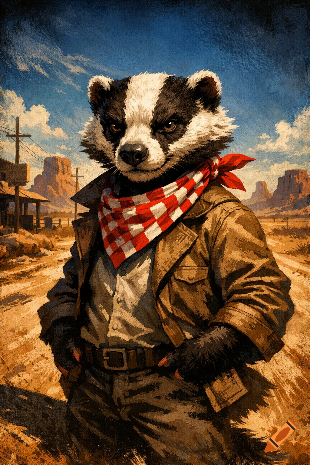 An anthropomorphic badger in a cowboy jacket and red bandana stands in a dusty desert landscape with mesas under a blue sky, painted style.