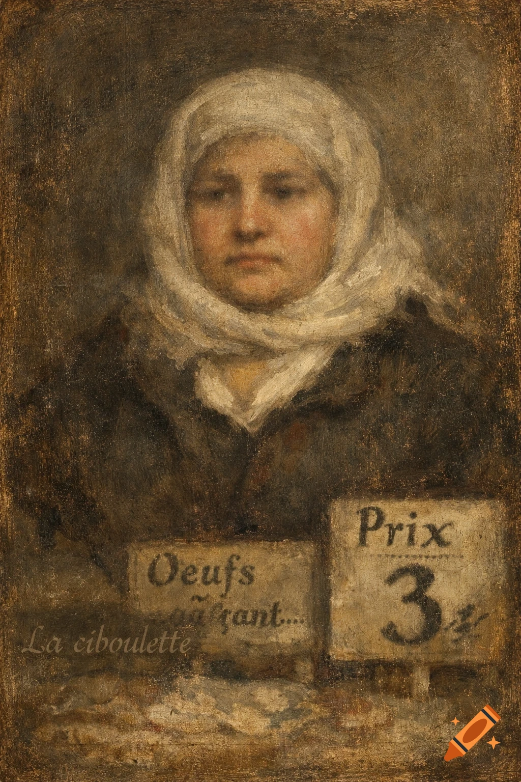 A rustic painting of a woman in a white headscarf and dark coat, with signs below reading "Oeufs", "La ciboulette", and "Prix 3".