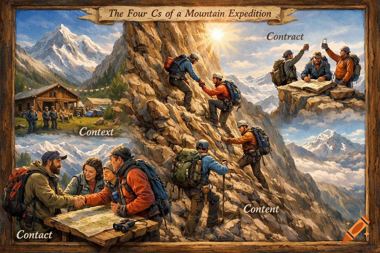 Illustrated guide showing 'The Four Cs of a Mountain Expedition': Contact, Context, Content, and Contract, with hikers in mountain scenes.