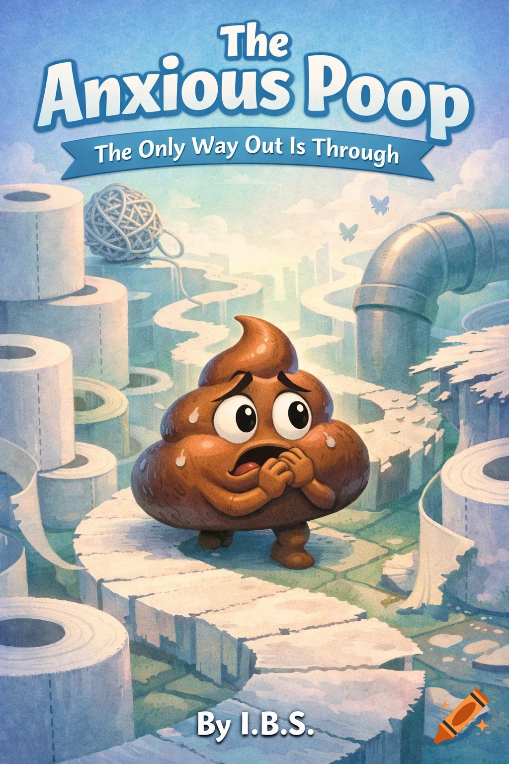 Cartoon book cover for 'The Anxious Poop' featuring an anxious poop character on a path of toilet paper rolls.