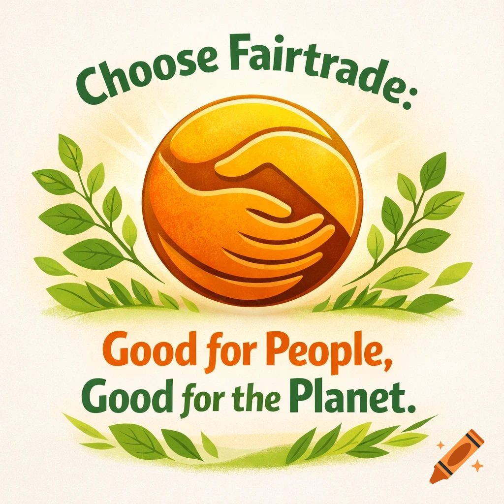 Stylized illustration featuring a golden handshake symbol encircled by green leaves with the text 'Choose Fairtrade: Good for People, Good for the Planet.'