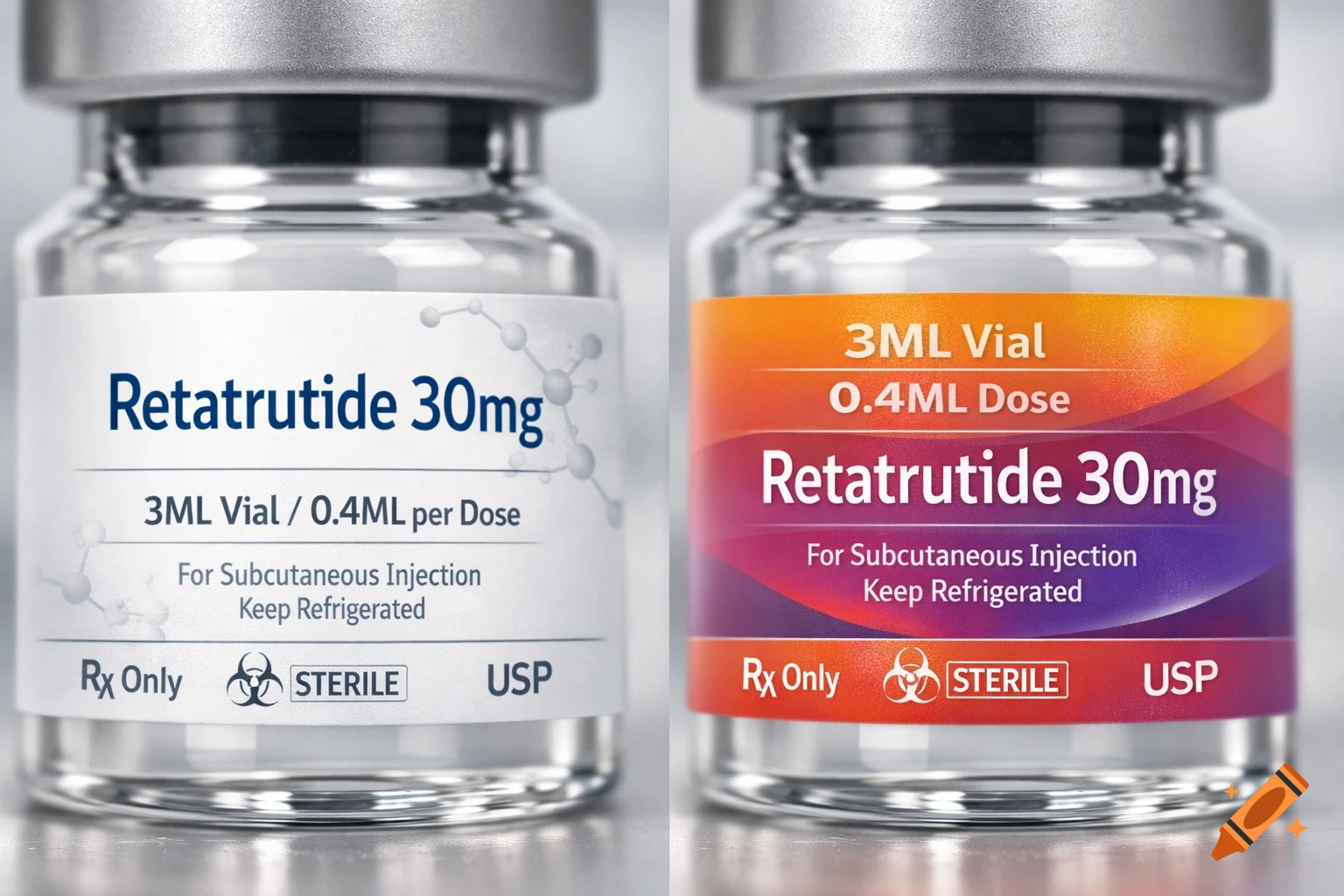 Photorealistic image of two pharmaceutical vials labeled "Retatrutide 30mg" with dosage information.