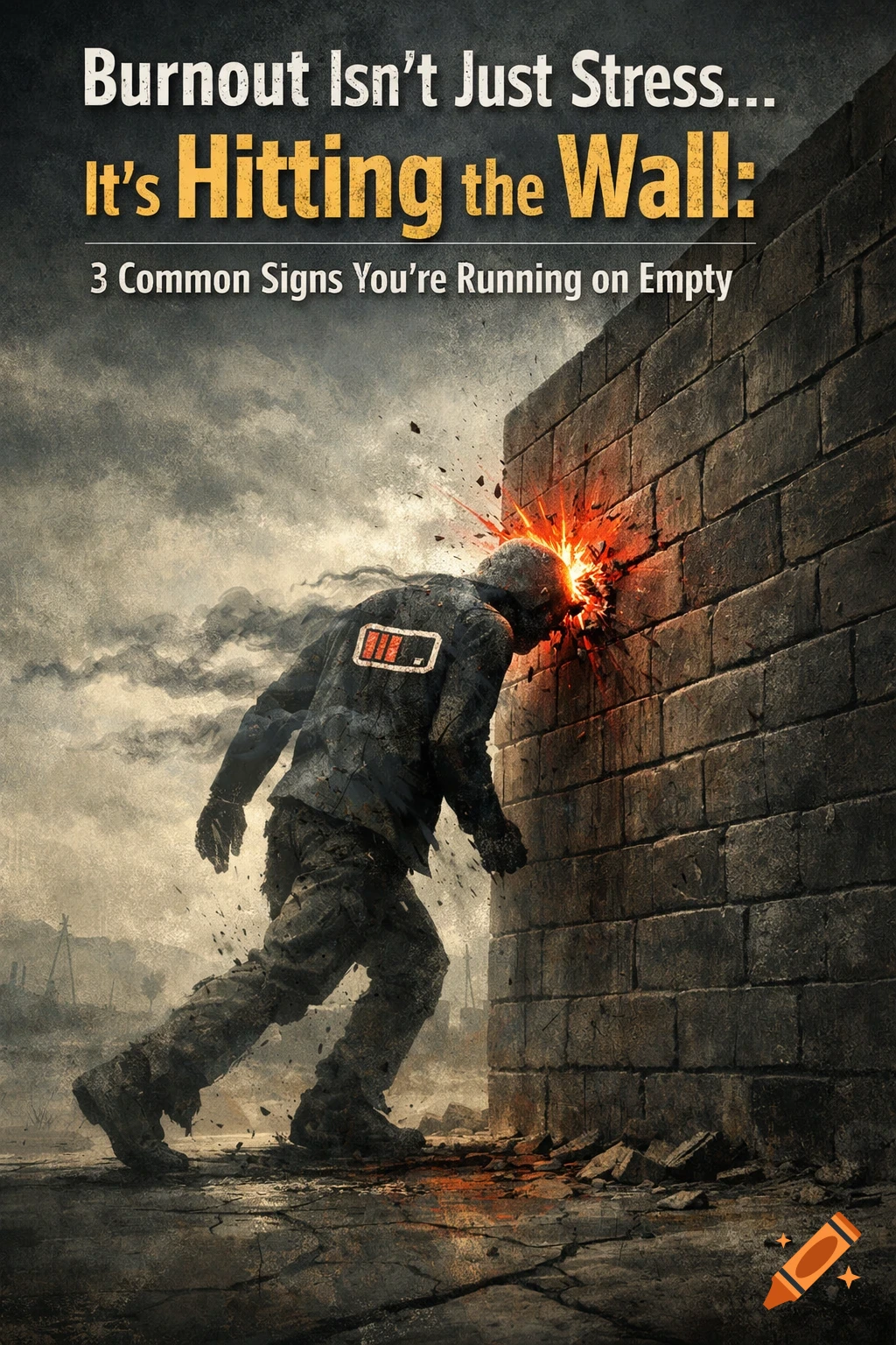 Grungy illustration of a person with a low battery on their back, head exploding into a brick wall under a stormy sky, symbolizing burnout.