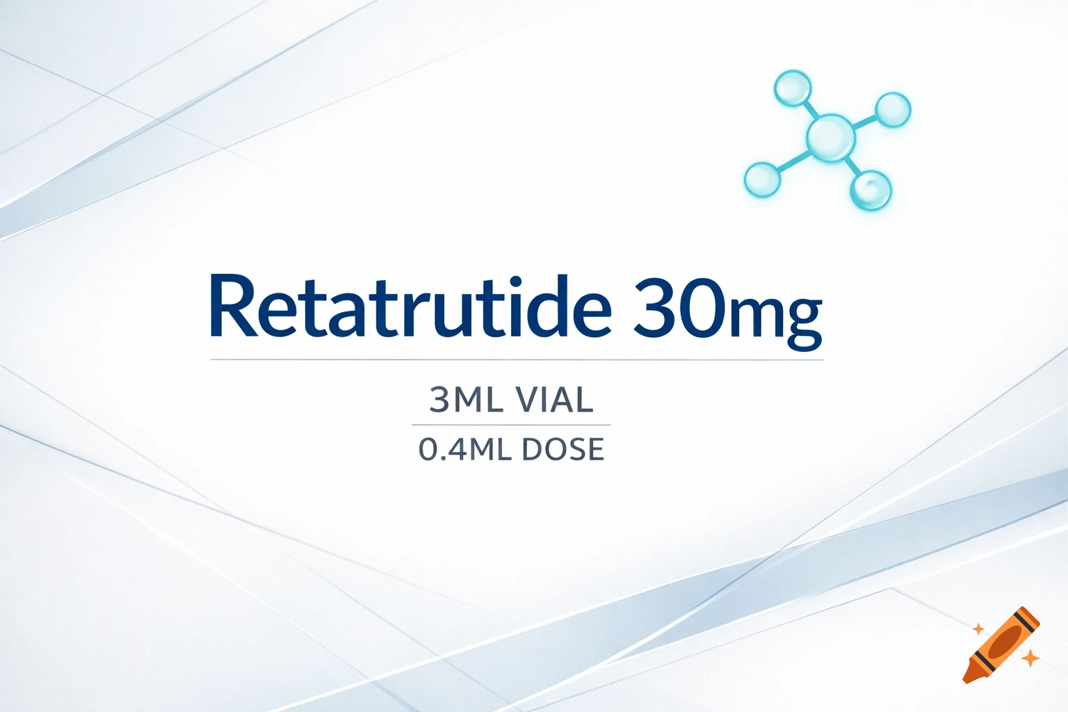 White pharmaceutical label with Retatrutide 30mg, 3ML VIAL, 0.4ML DOSE text and a blue molecular structure.