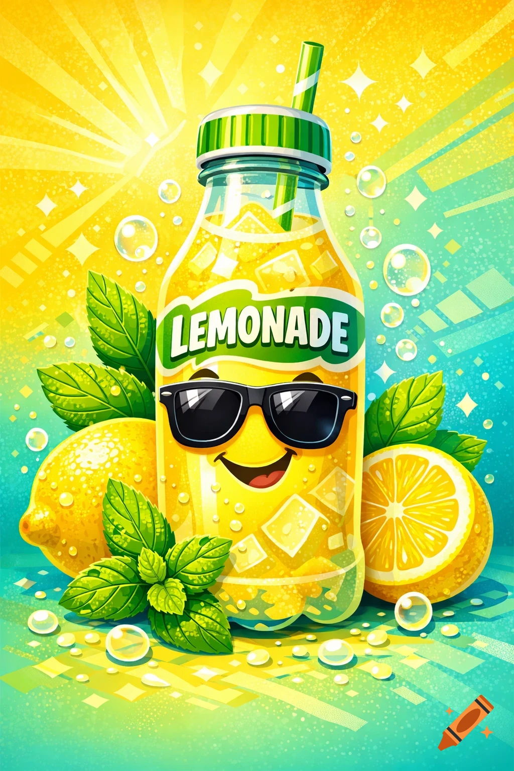 A vibrant cartoon illustration of a happy lemonade bottle wearing sunglasses, surrounded by fresh lemons and mint leaves.