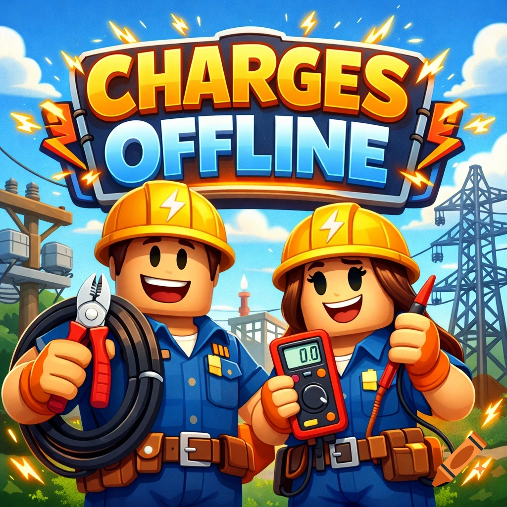 Two smiling cartoon electricians, a man and a woman, stand below a 'CHARGES OFFLINE' title, holding tools, with power lines in the background. Game art style.