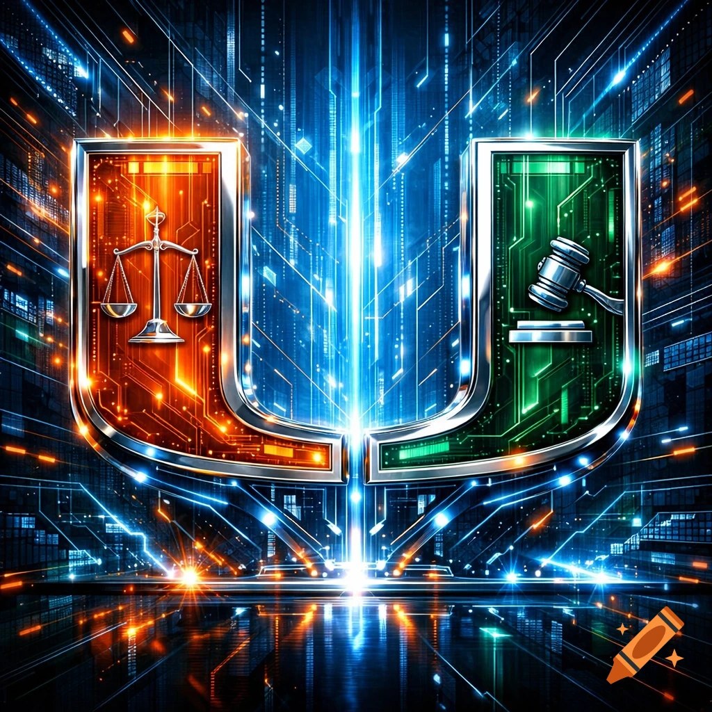 A futuristic U-shaped logo, orange with a scale of justice and green with a gavel, set against a glowing blue circuit board background.