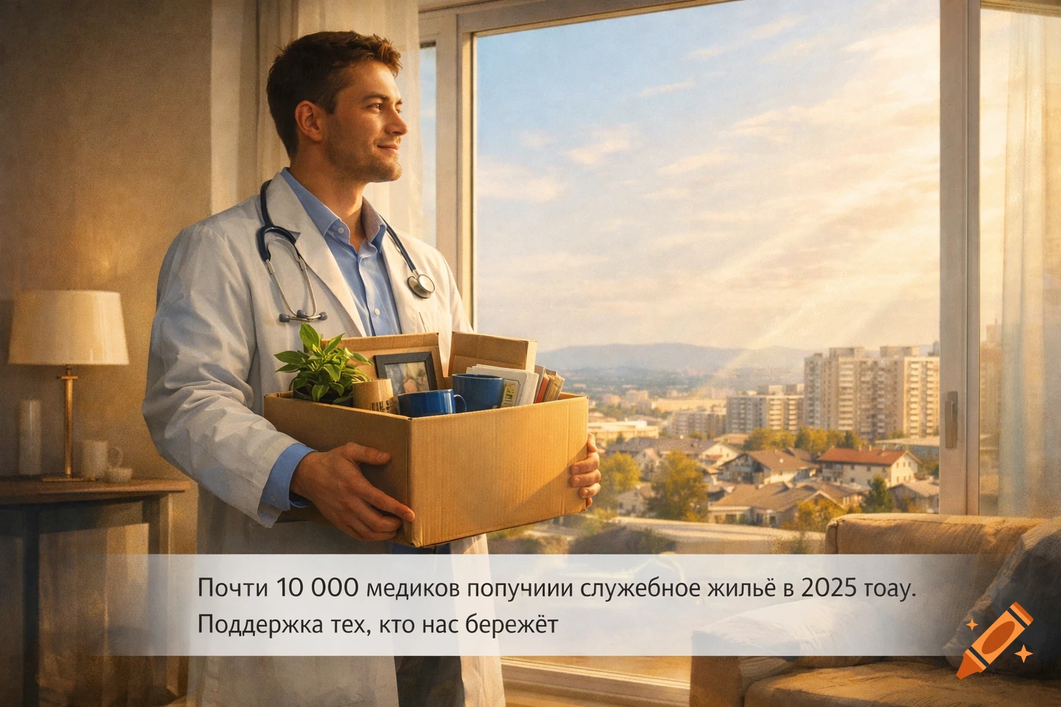 A smiling male doctor in a white coat holds a moving box, looking out the window of a modern apartment at a city view. Russian text is at the bottom.