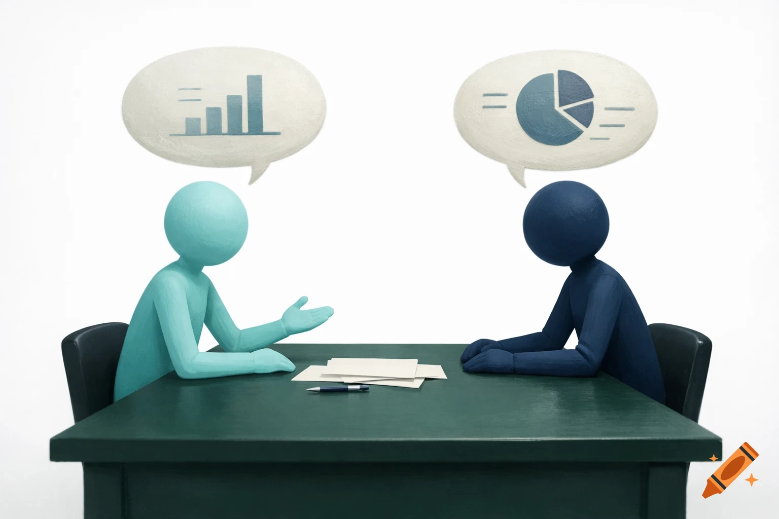 Two stylized blue figures sit at a green table, discussing data with thought bubbles showing a bar chart and a pie chart.