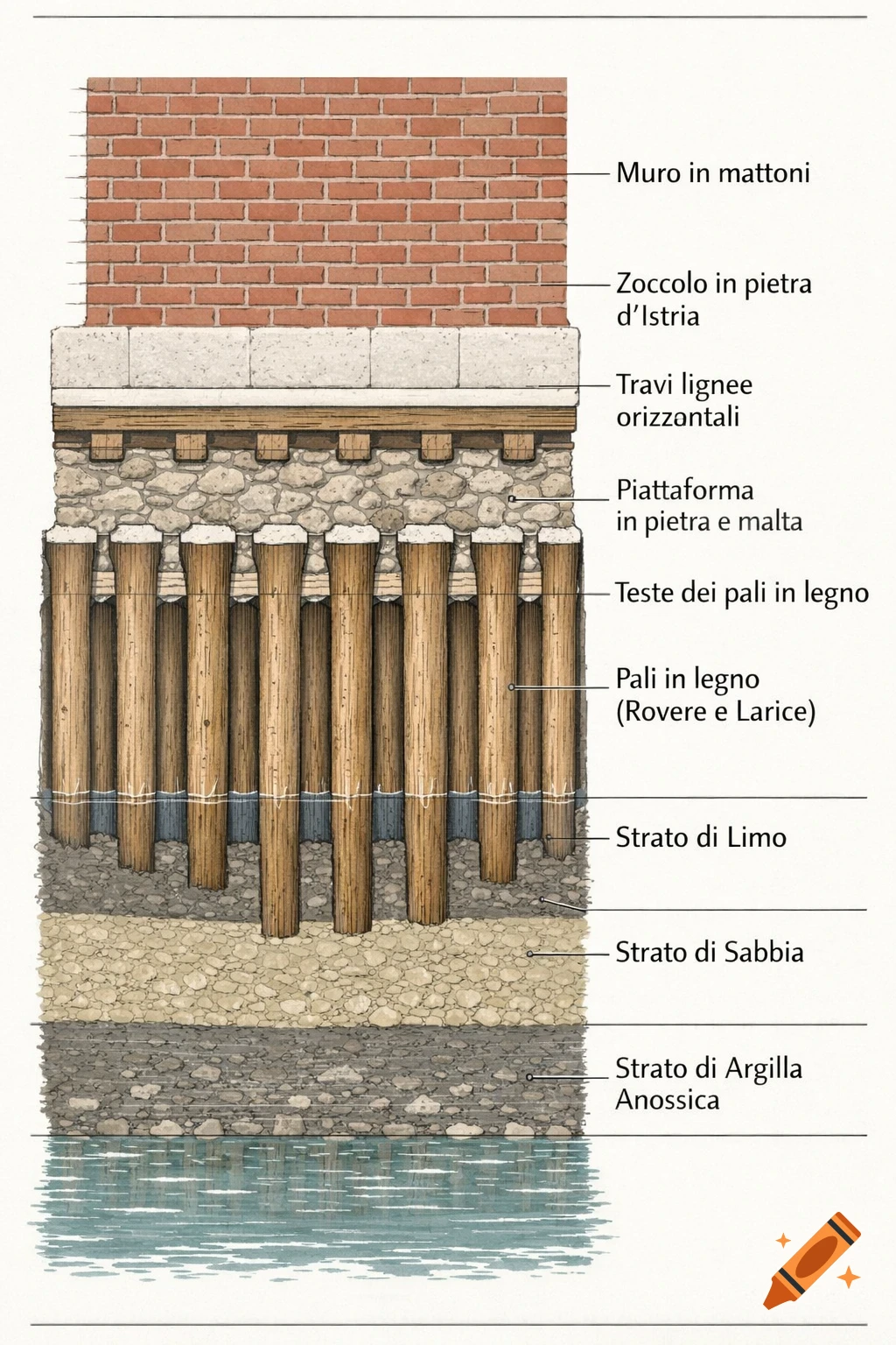 Detailed vertical cross-section illustration of an old Venetian building's foundation, showing brick walls, stone plinth, wooden beams, stone and mortar platform, wood piles, and layers of silt, sand, and anoxic clay, with Italian labels.