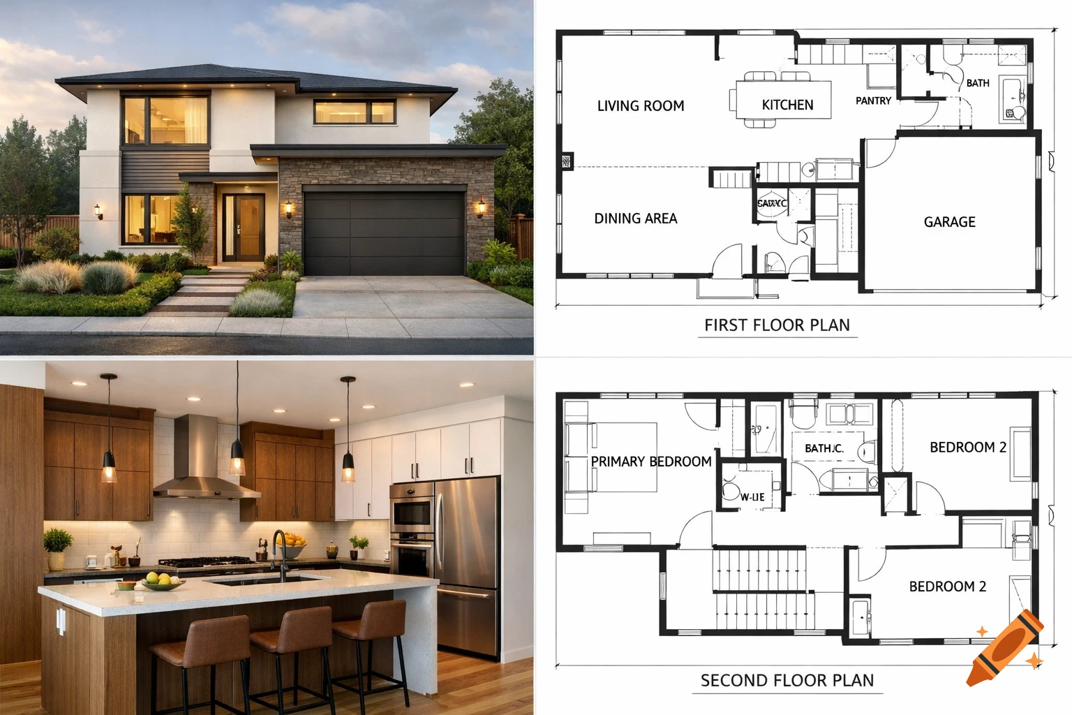 Four-panel collage: exterior of a modern two-story house, a blueprint of the first floor, a modern kitchen with an island, and a blueprint of the second floor.