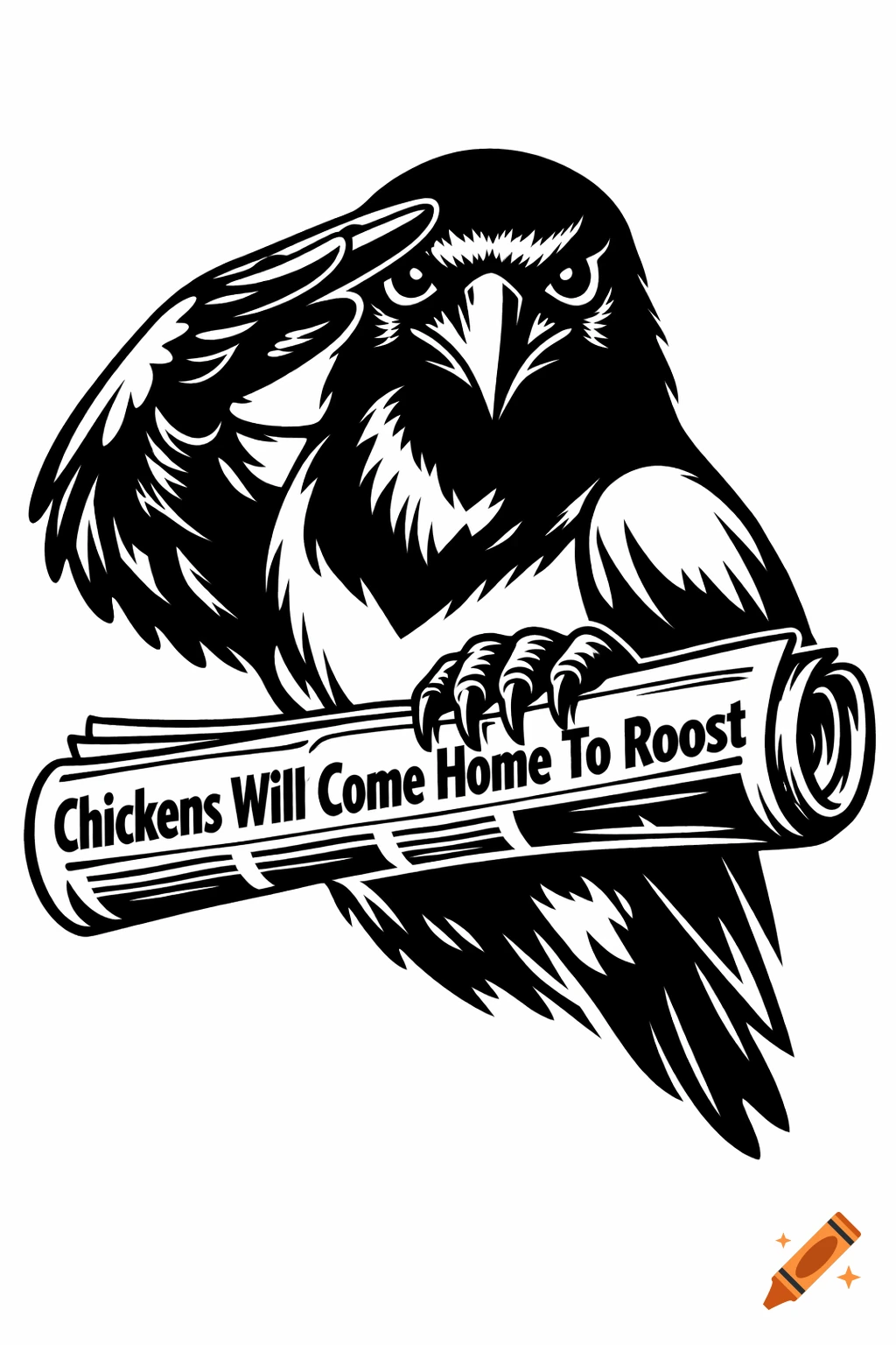A black and white illustration of a magpie saluting while holding a rolled-up newspaper with the headline "Chickens Will Come Home To Roost".