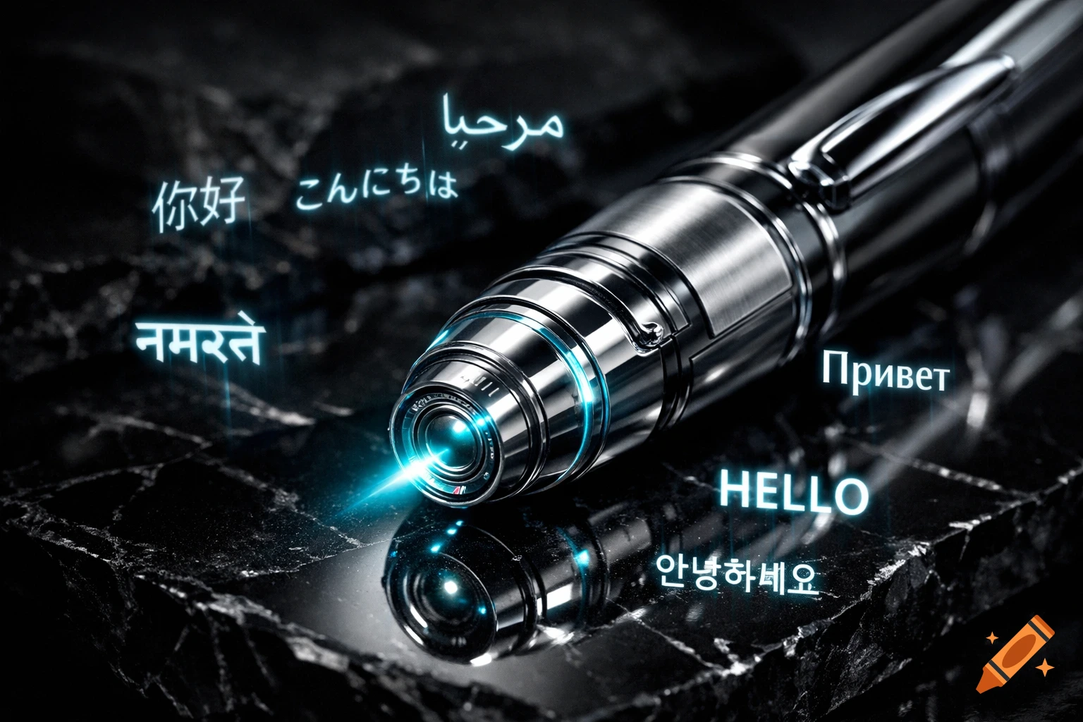 Sleek metallic futuristic translating pen with glowing blue scanner on dark surface, surrounded by holographic 'hello' in multiple languages.