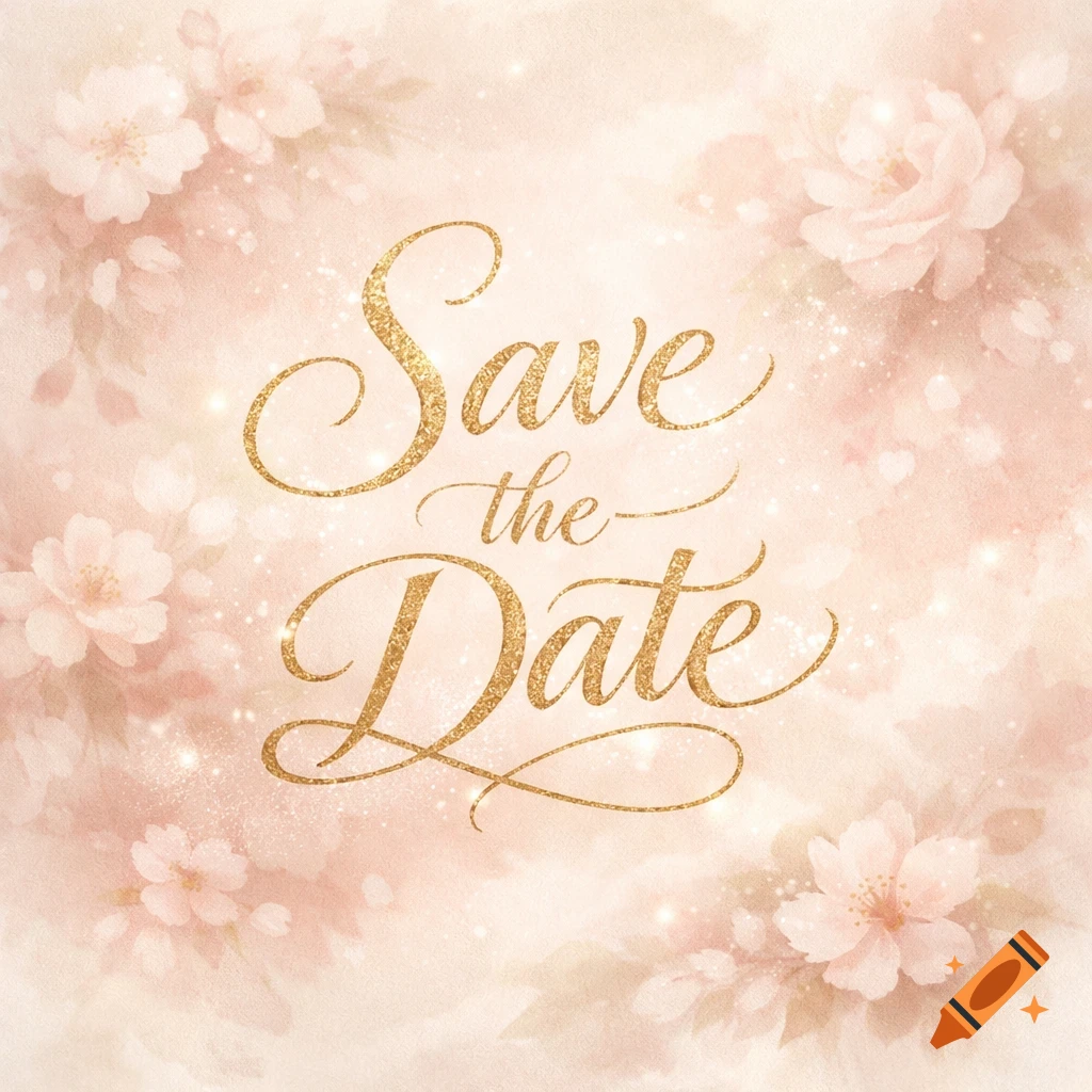 A soft pink and white floral background with golden glittery script text reading "Save the Date".