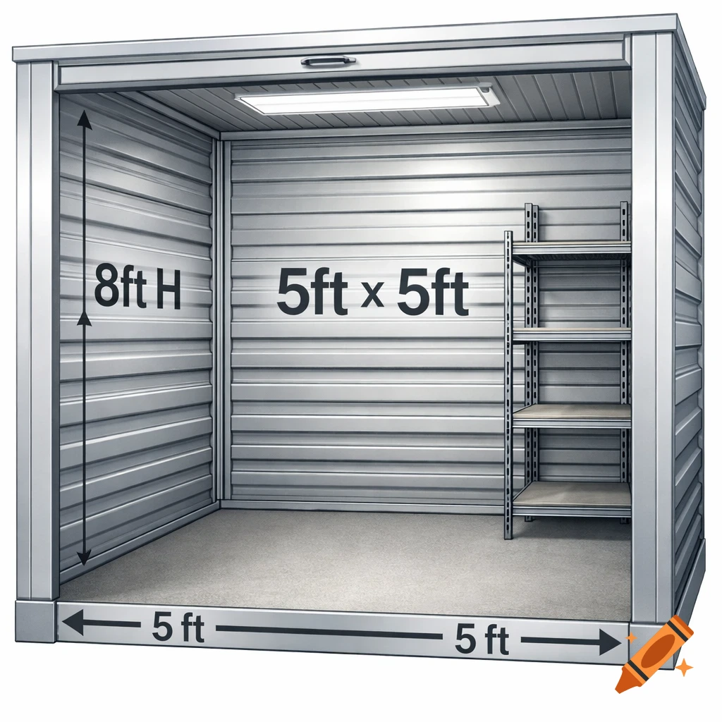 An empty, well-lit storage unit with an open roll-up door, featuring shelves and marked dimensions: 5ft x 5ft and 8ft H.