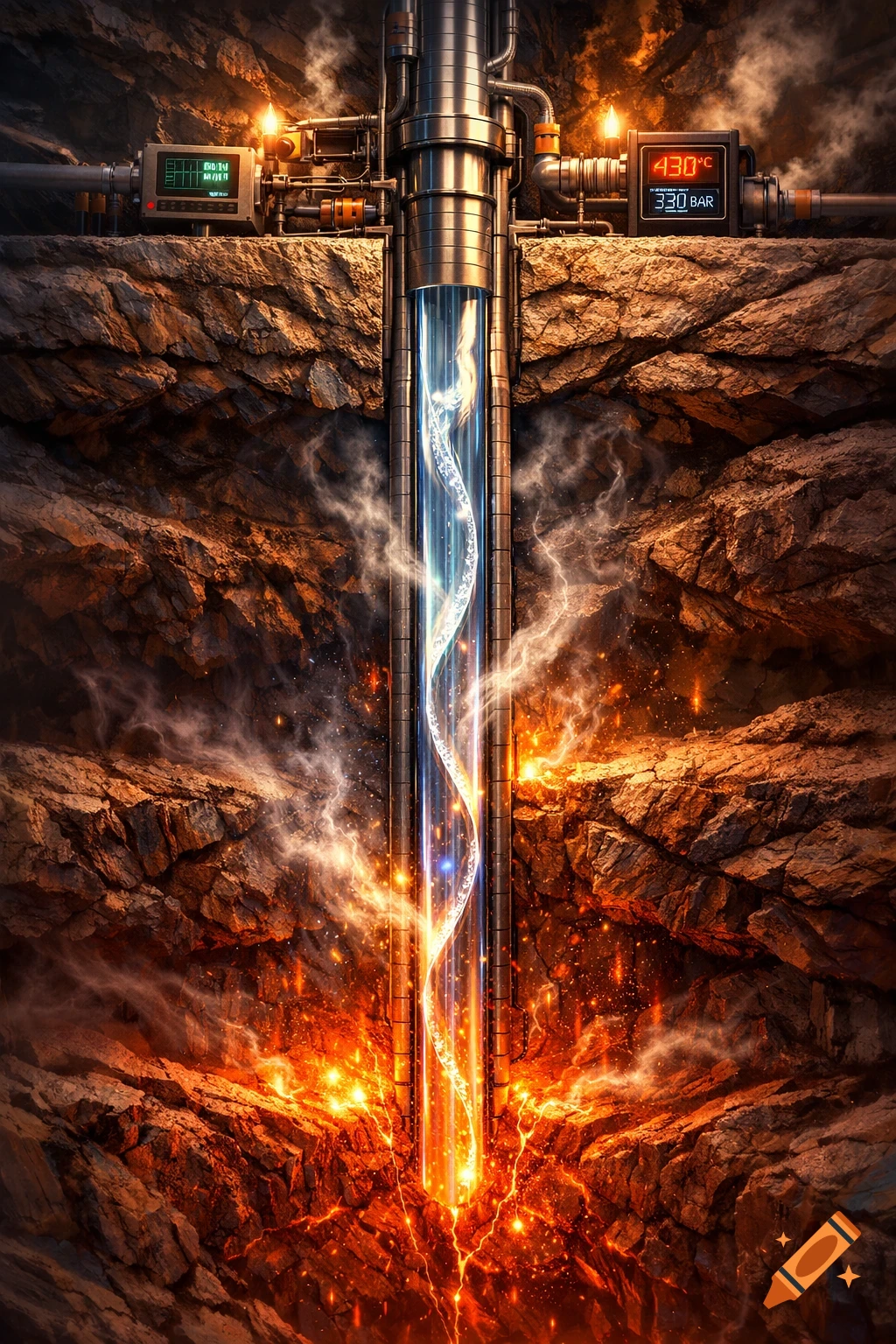 A detailed, photorealistic cross-section of a wellbore drilling deep into hot rock, radiating intense orange light and blue energy, with digital gauges displaying 4300C and 330 BAR.