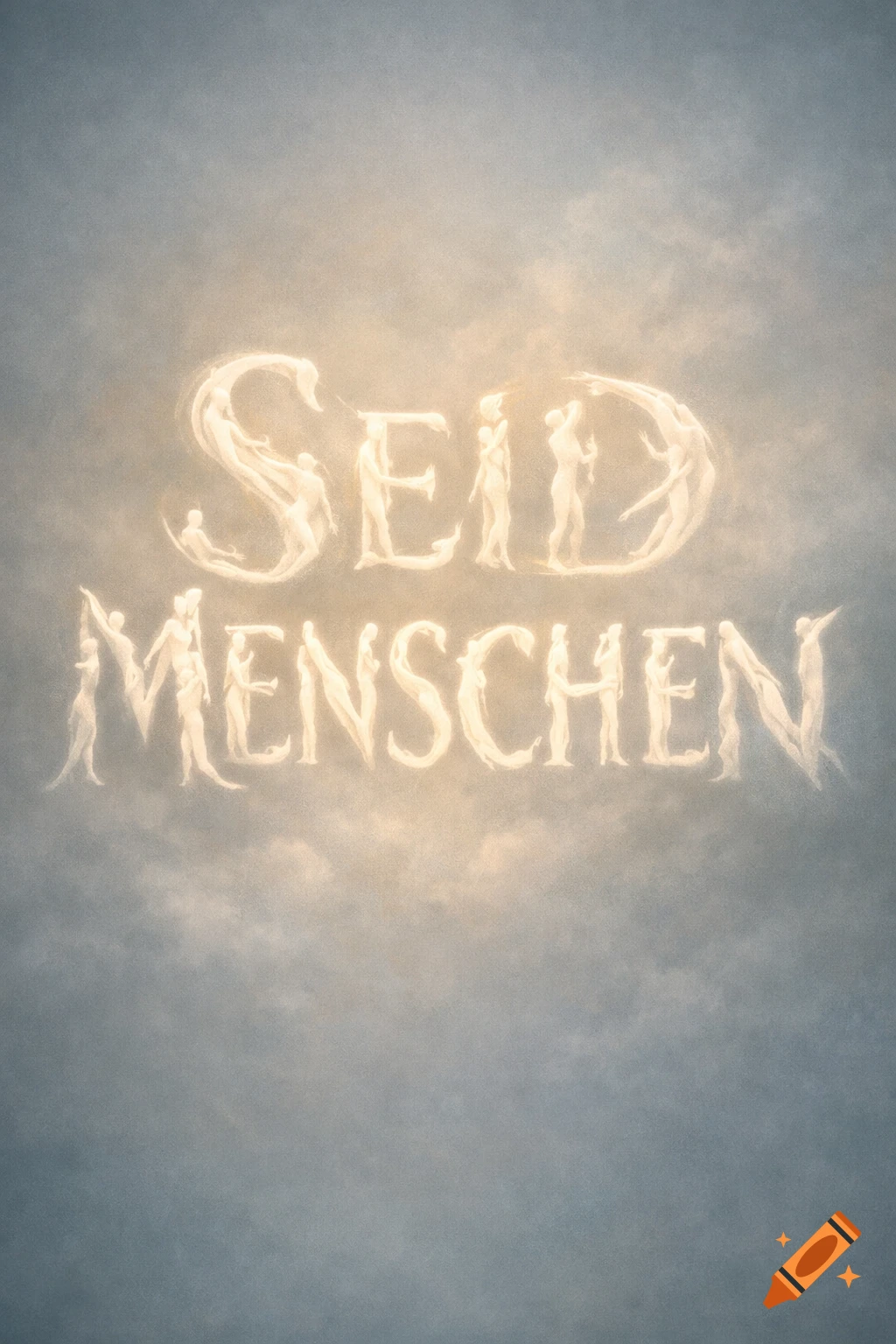 Glowing text "Seid Menschen" formed by stylized human figures against a cloudy, ethereal sky.