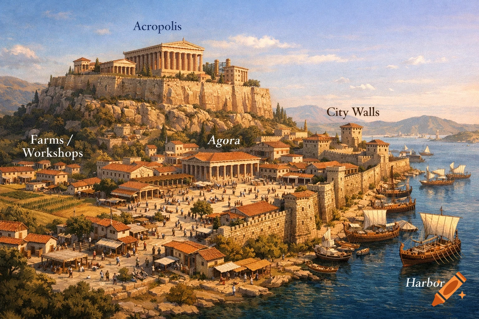 Detailed illustration of an ancient Greek city-state with labeled parts: Acropolis, Agora, City Walls, Farms/Workshops, and Harbor.