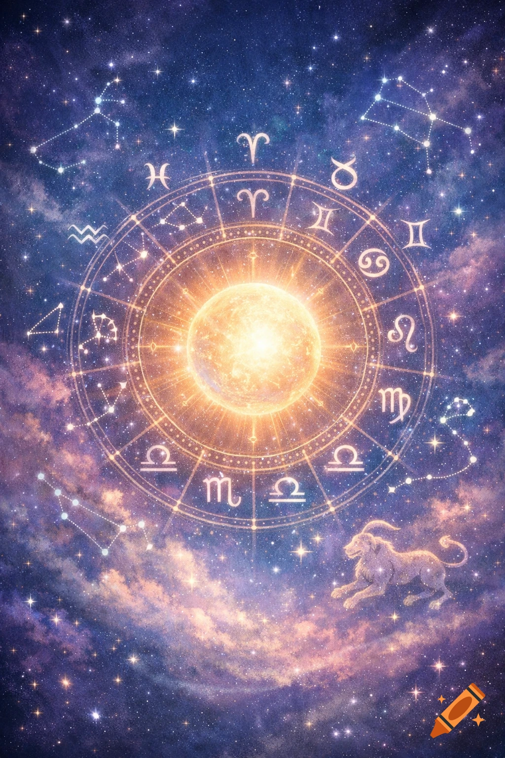 Vibrant cosmic illustration of a glowing sun surrounded by a zodiac wheel with astrological symbols and constellations in a starry nebula.