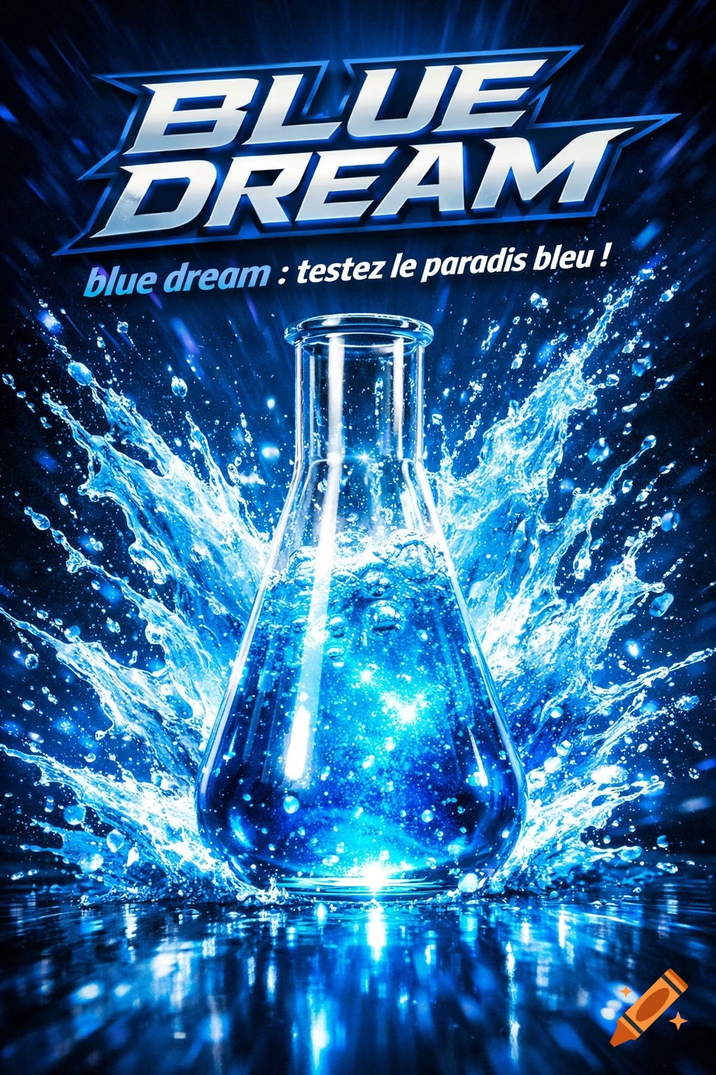 Dynamic ad for 'BLUE DREAM' energy drink showing a lab flask with glowing blue liquid and intense splashes on a dark background.