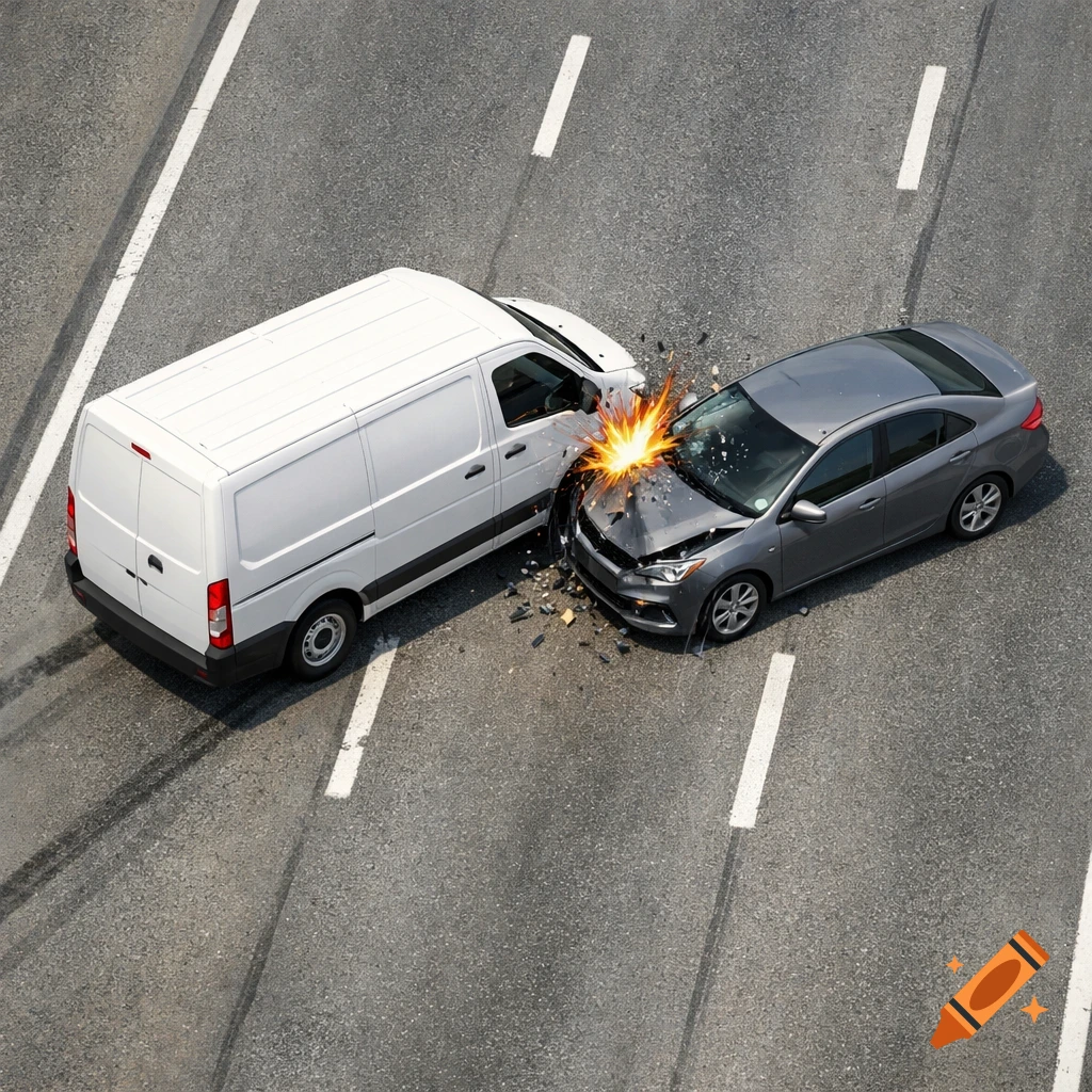 Aerial view of a white van colliding with a grey car on a multi-lane highway, explosion marking the impact.