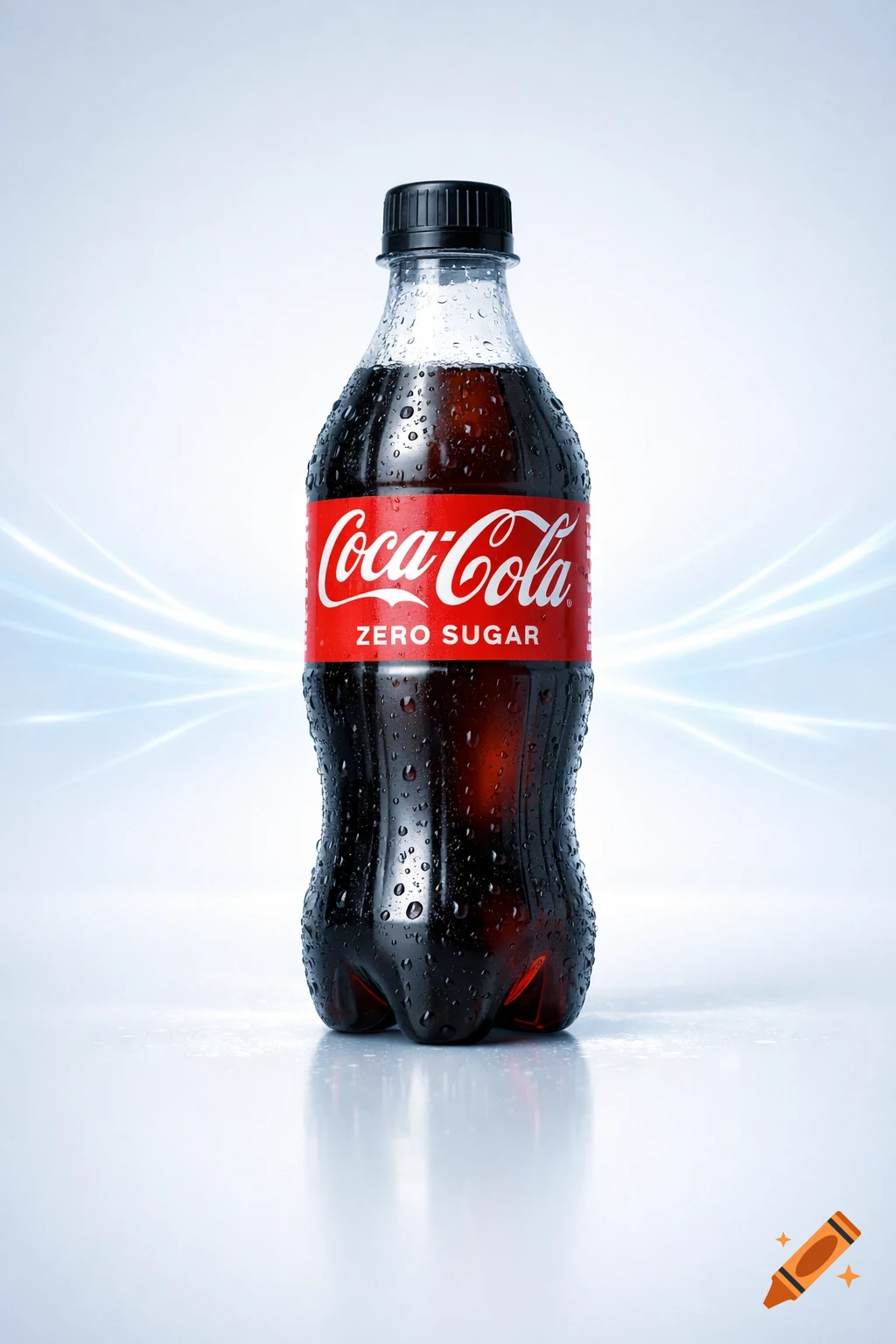 A photorealistic shot of a wet Coca-Cola Zero Sugar bottle with condensation, against a light blue background.