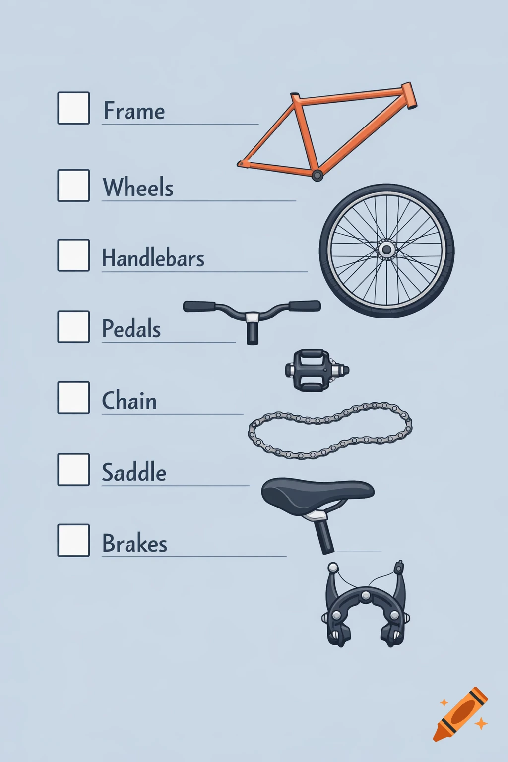 An illustrated checklist of bicycle parts including frame, wheels, handlebars, pedals, chain, saddle, and brakes, each with a checkbox.