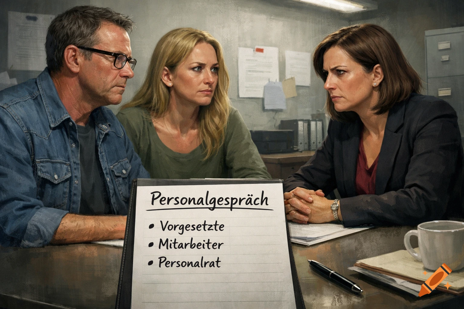 Three serious-looking people in an office meeting around a table, with 'Personalgespräch' on a notepad, photorealistic style.