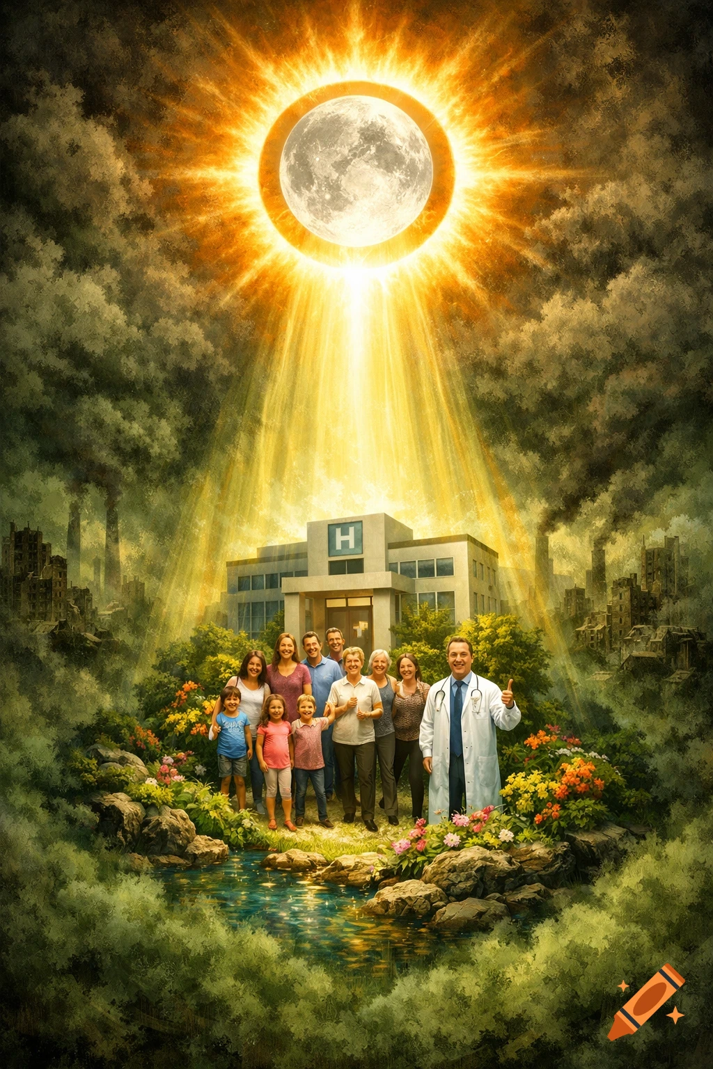 A symbolic painting: a moon-like sun shines on a happy family, doctor, and hospital in thriving nature, contrasted by dark smog.