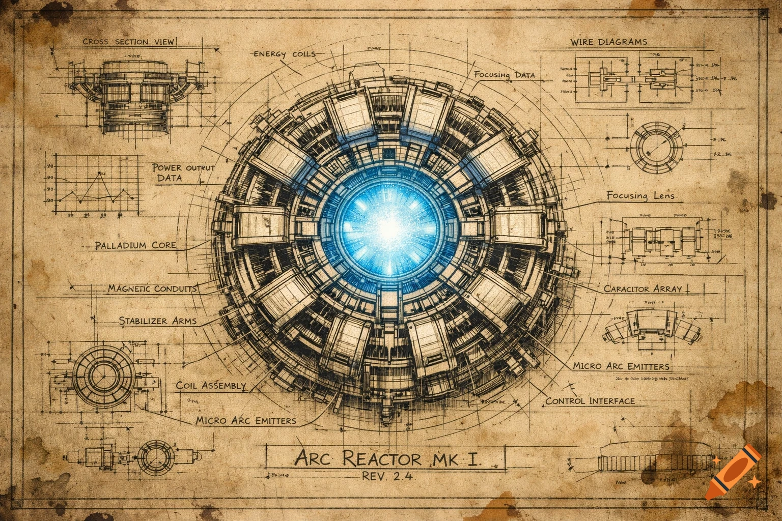 A detailed blueprint sketch of an Arc Reactor on aged paper, showing a glowing blue core, cross-sections, and technical labels.
