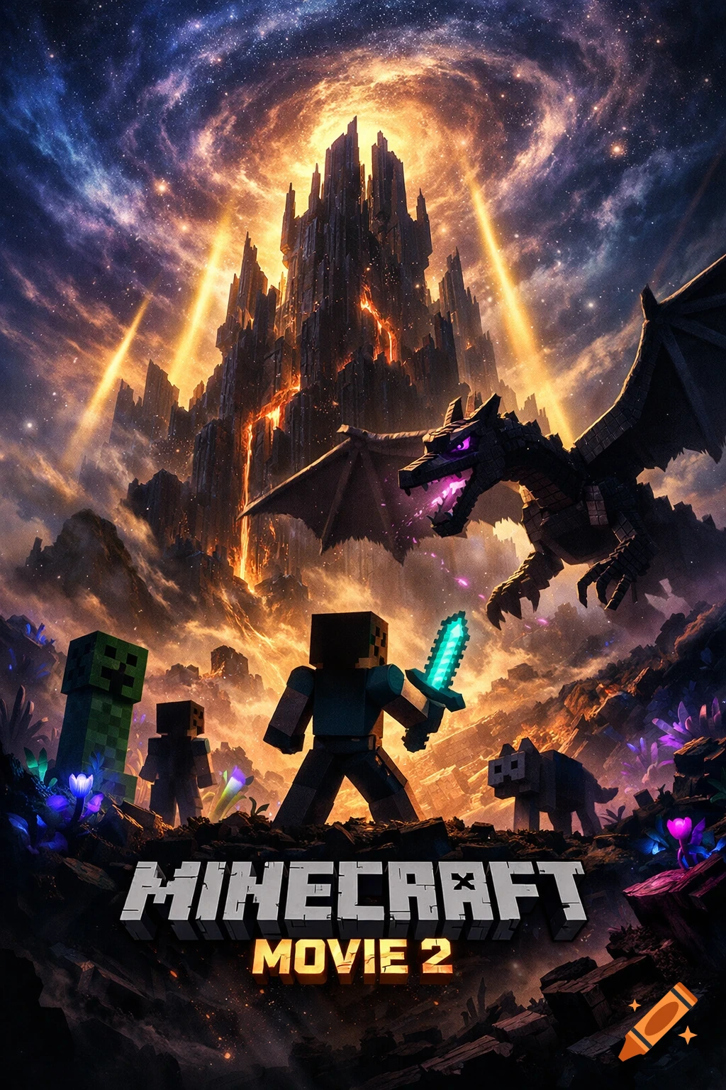 An epic Minecraft movie poster featuring Steve, a Creeper, and a dog facing an Ender Dragon before a blocky castle under a vibrant nebula sky.