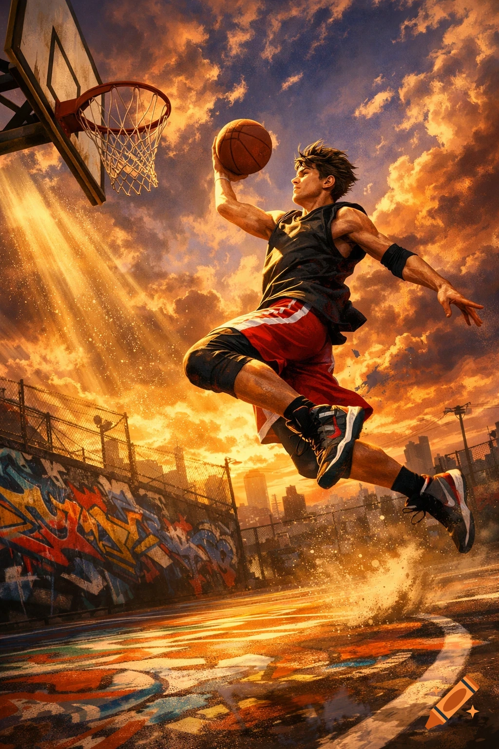 Energetic teenager dunking a basketball on an urban court with graffiti walls, bathed in golden sunset light. Dynamic, vibrant art style.