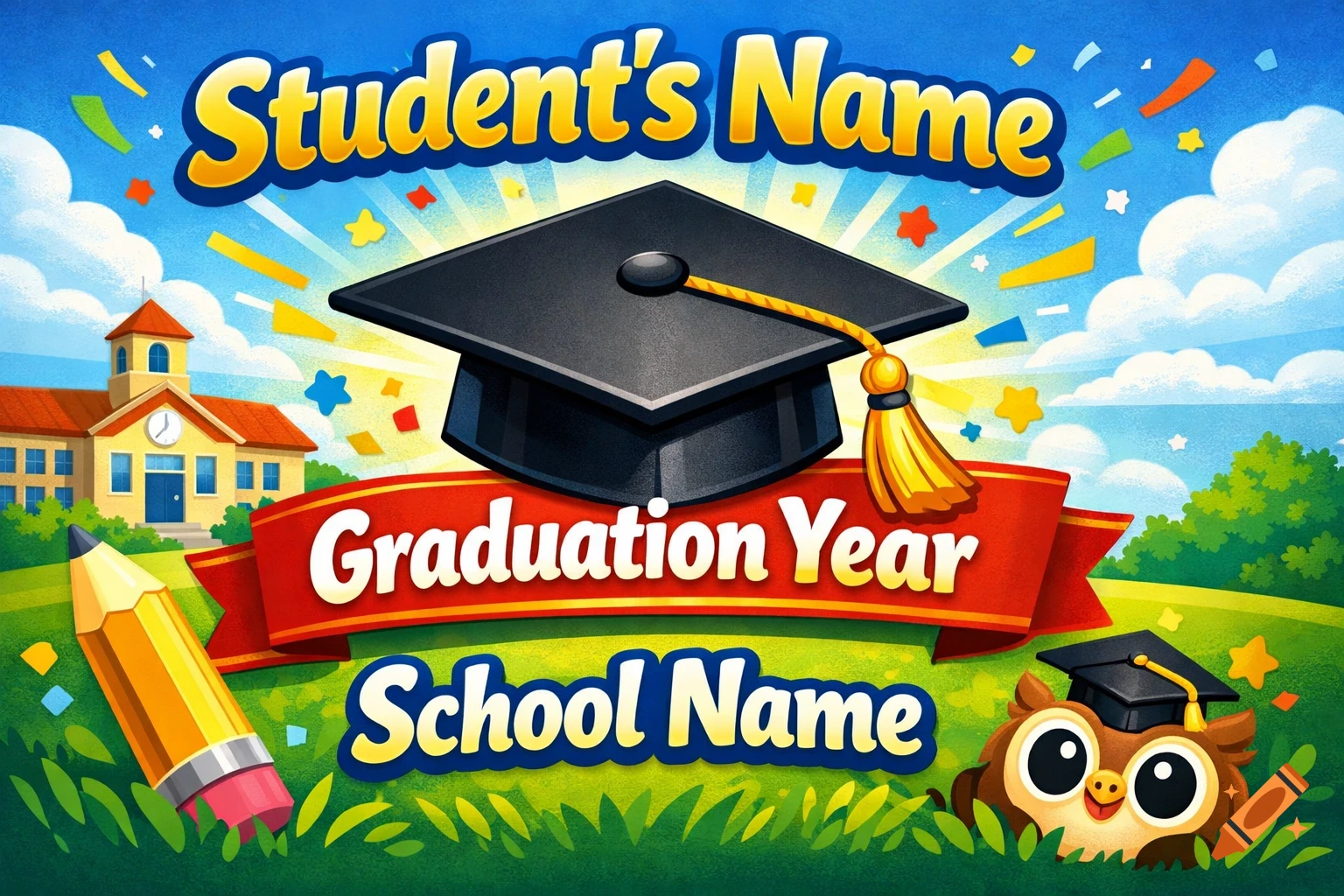 Vibrant cartoon graduation design with a cap, school, pencil, owl, and placeholders for student, year, and school names.
