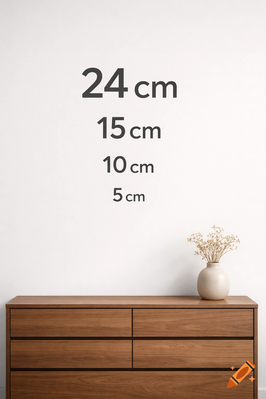 Measurements of 24 cm, 15 cm, 10 cm, 5 cm on a white wall above a wooden dresser with a vase of dried flowers.