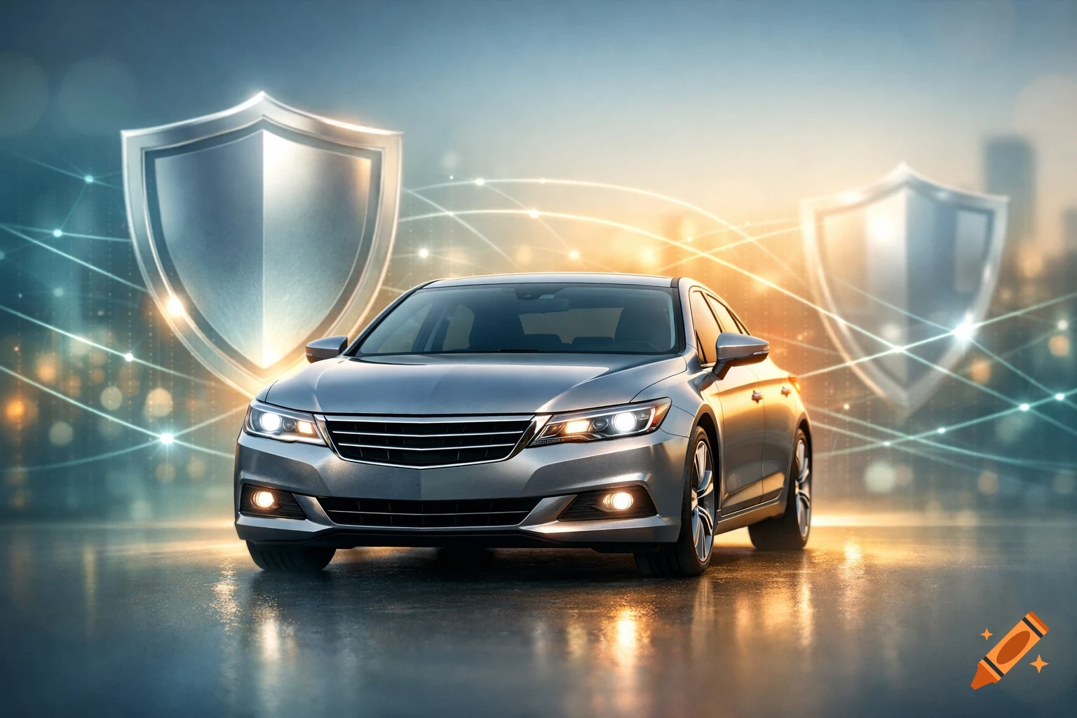 A sleek silver car with glowing network lines and two shield icons on a reflective surface, suggesting automotive security or insurance.