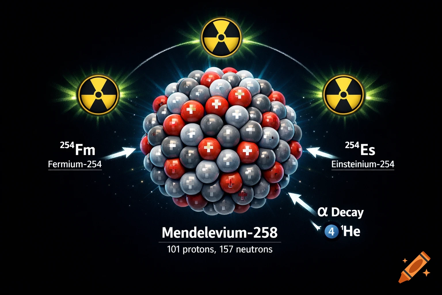Detailed scientific illustration of a Mendelevium-258 atomic nucleus with isotope labels and decay arrows.