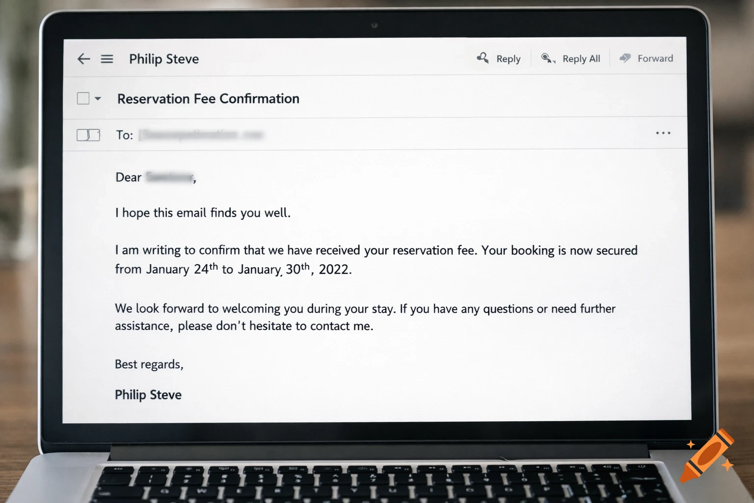A close-up shot of a laptop screen displaying a professional email from Philip Steve with the subject "Reservation Fee Confirmation" on a wooden desk.