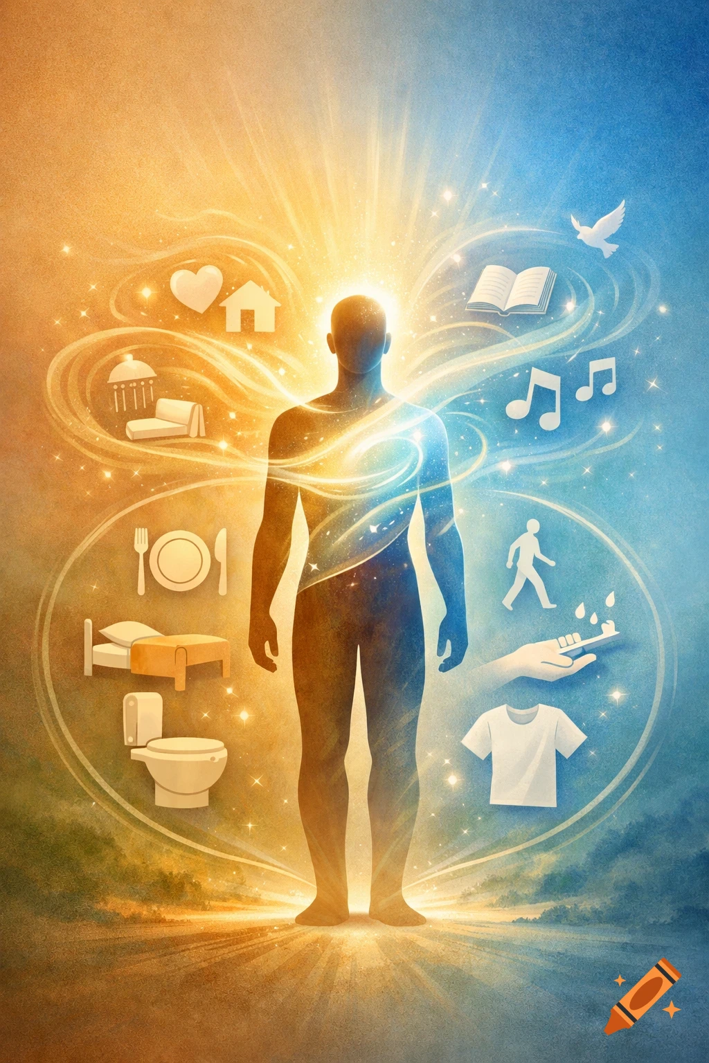 A glowing human silhouette surrounded by floating icons representing daily life, wellness, and self-care against an ethereal golden and blue background.