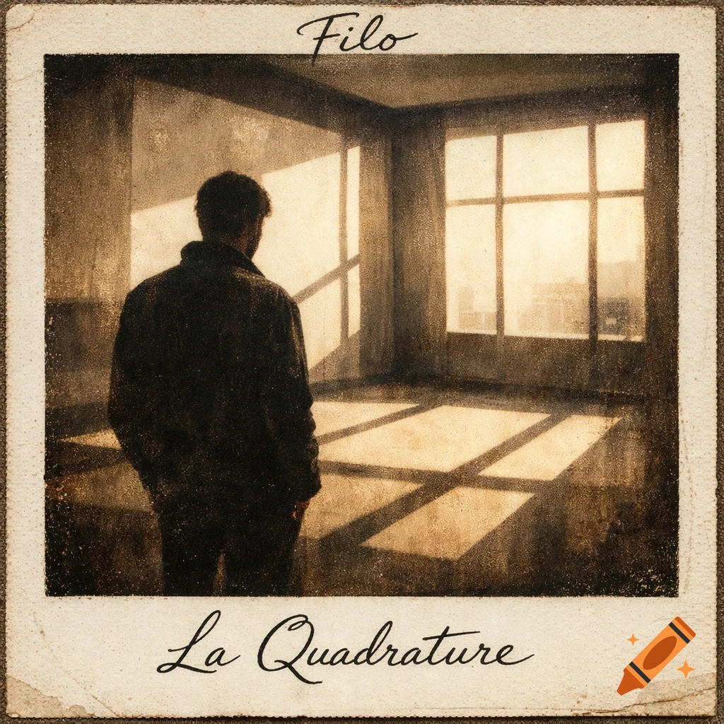 A vintage sepia-toned image in a Polaroid frame shows a silhouette of a person in a sunlit room, with 'Filo' and 'La Quadrature' text.