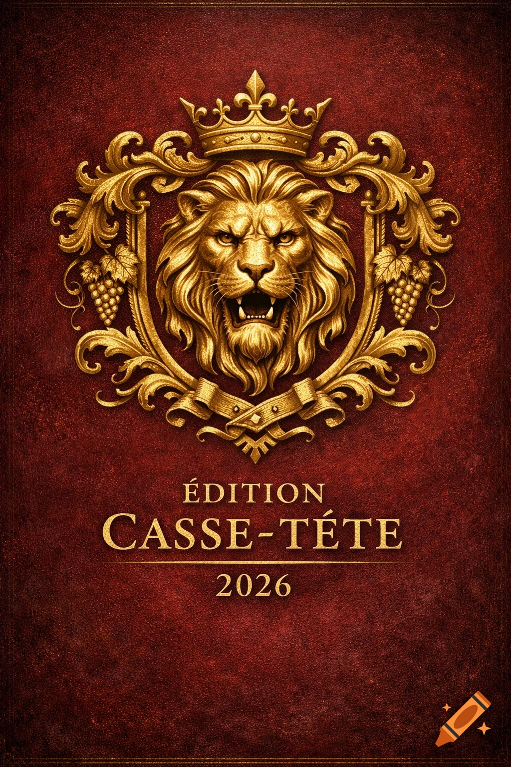 Ornate gold lion's head with a crown on a textured red wine label, surrounded by scrollwork and grapes, with text 'ÉDITION CASSE-TÊTE 2026'.