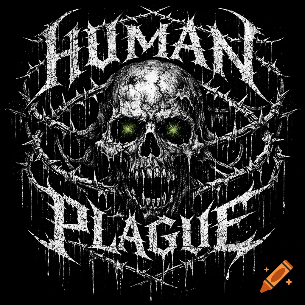 Stylized black metal band logo featuring a decaying skull with glowing green eyes, surrounded by barbed wire, with 'HUMAN PLAGUE' text.