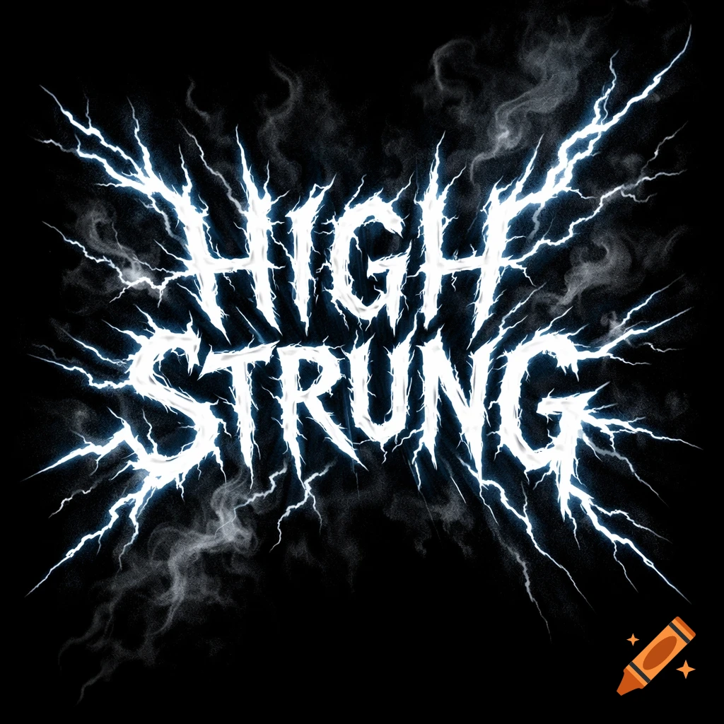 Stylized text 'HIGH STRUNG' in jagged electrical font with bright blue lightning bolts and smoke on a black background.
